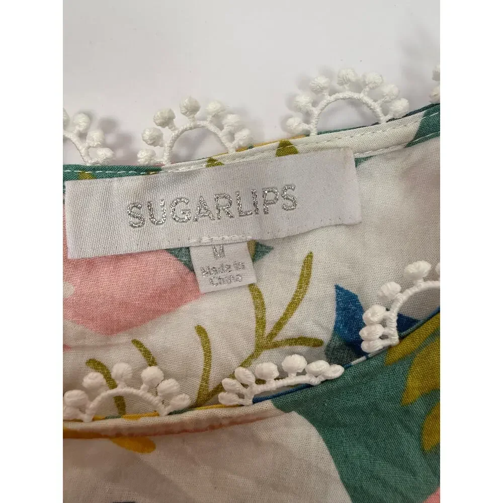 SUGARLIPS Tropical Puff Sleeve Blouse Floral Resort Statement Top M - Picture 3 of 8